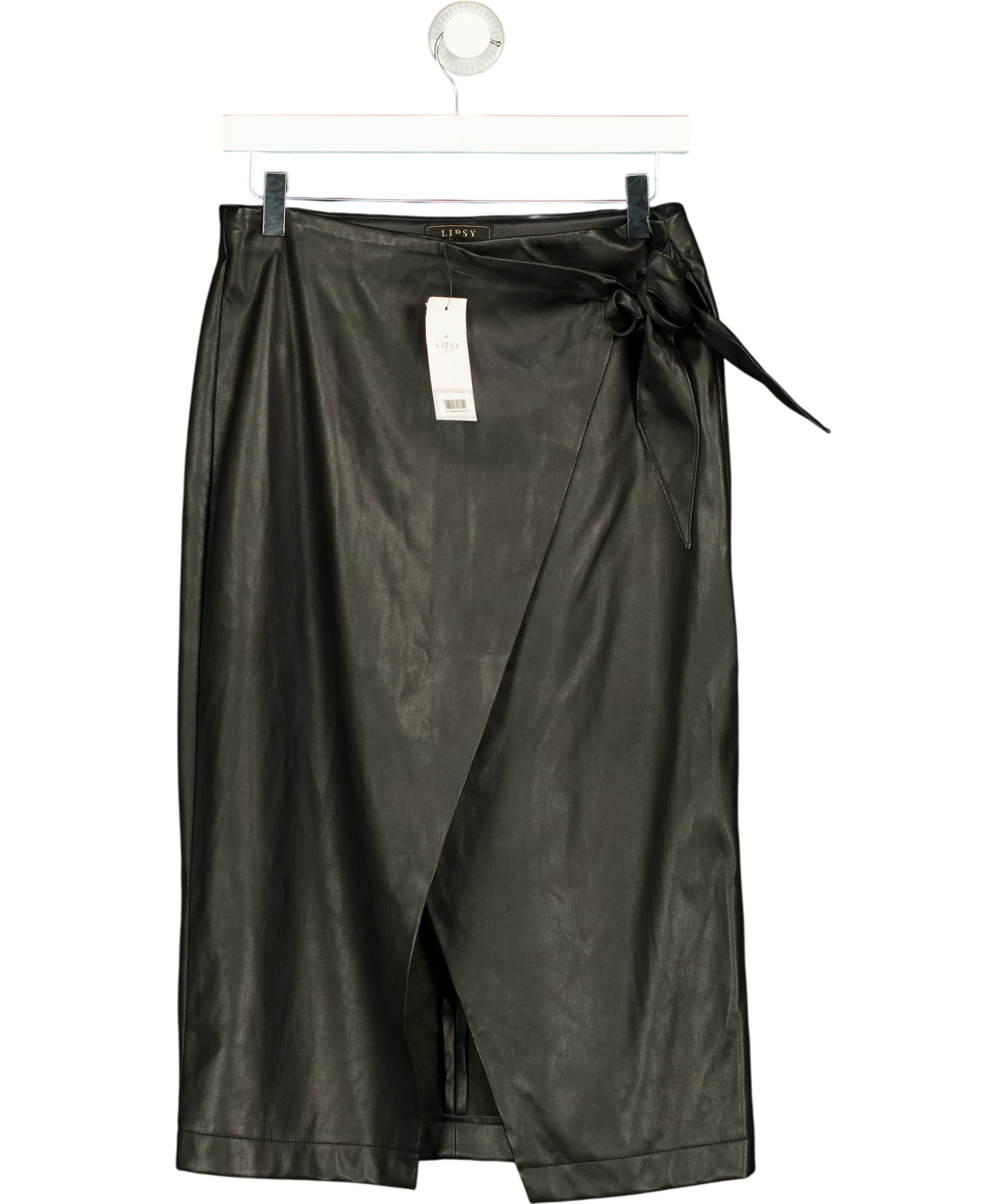Lipsy Black Black Faux Leather Wrap Midi Skirt, size UK 12 — front