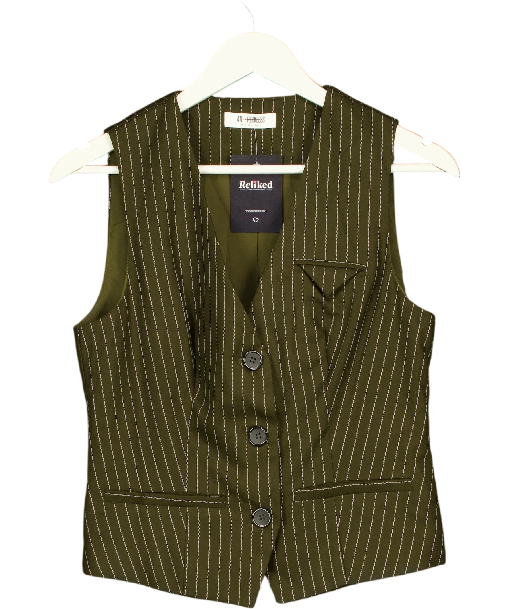 4th & Reckless Green Khaki Pinstripe Tailored Waistcoat, size UK 10 — front