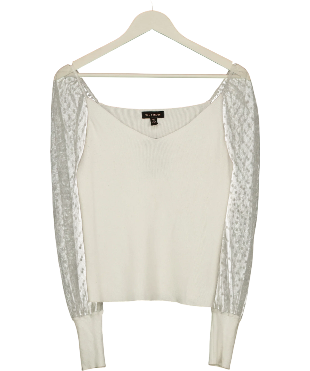 Qed London White London White Sweetheart Knit Mesh Sleeve Top, size UK S — front