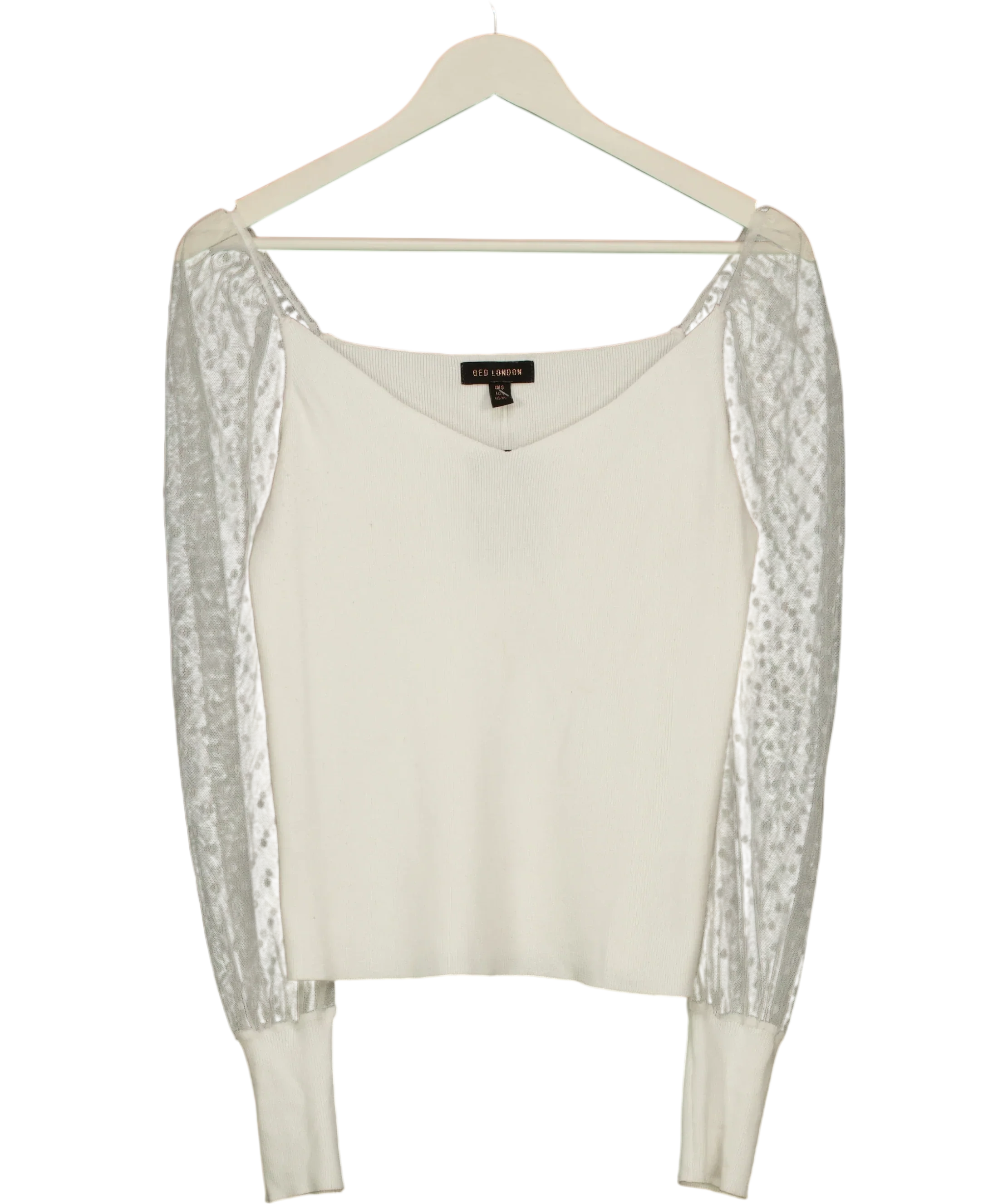 Qed London White London White Sweetheart Knit Mesh Sleeve Top, size UK S — front
