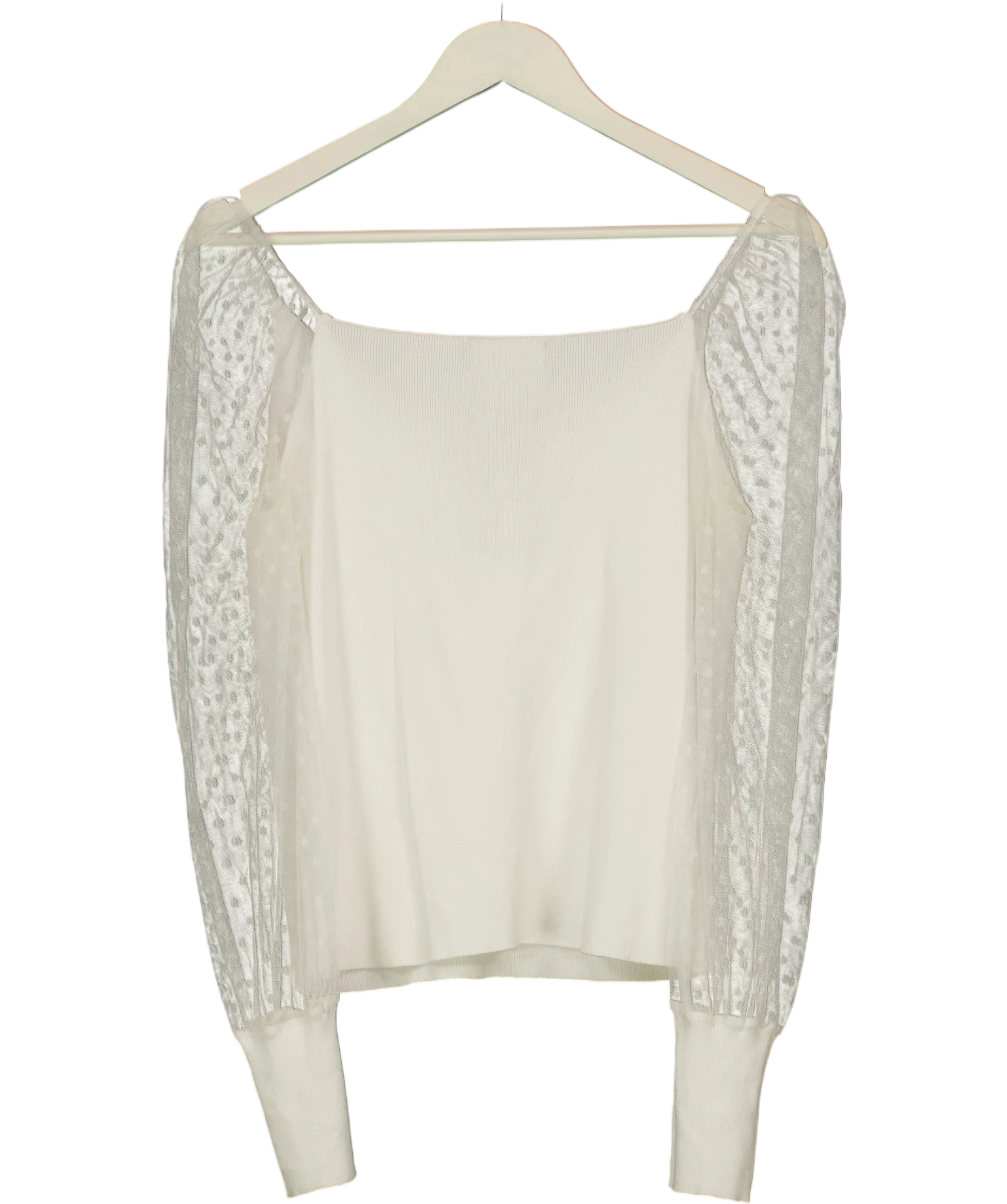 Qed London White London White Sweetheart Knit Mesh Sleeve Top, size UK S — back