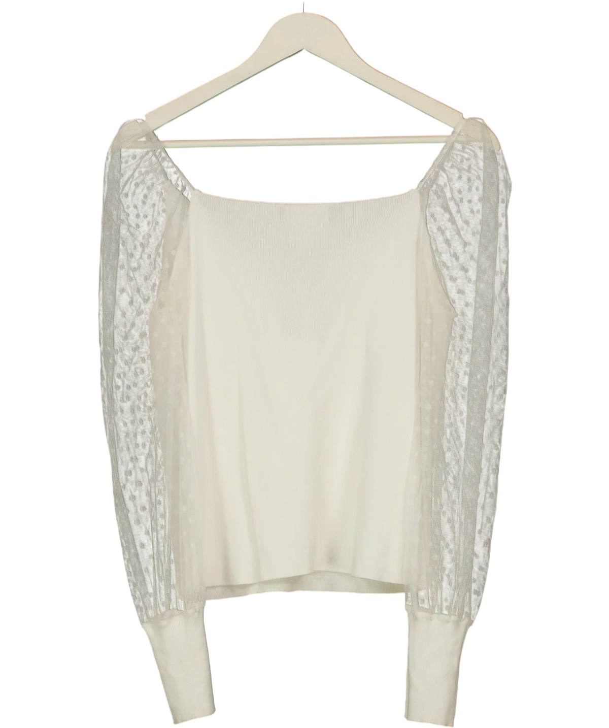Qed London White London White Sweetheart Knit Mesh Sleeve Top, size UK S — back