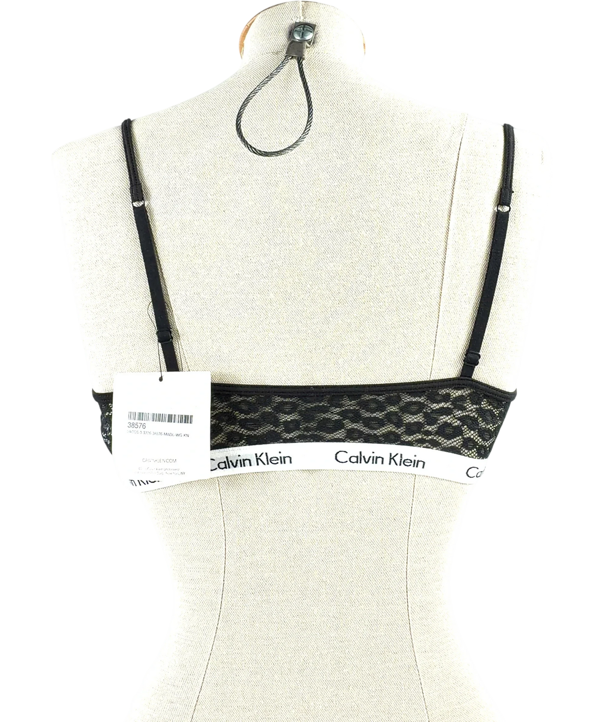 Calvin Klein Black Leopard Print Lace Unlined Bralette, size UK M — back