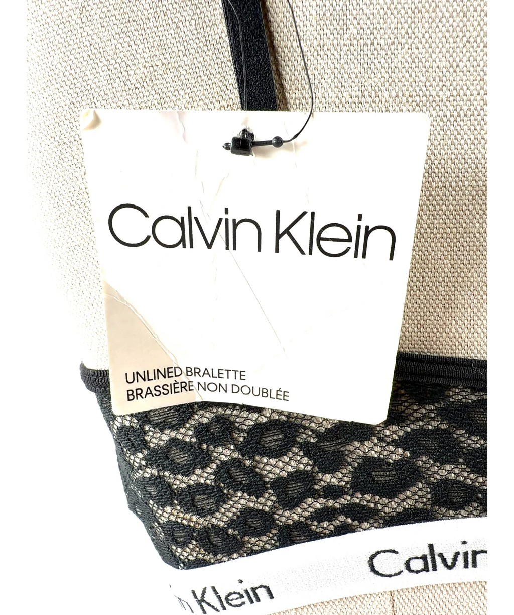 Calvin Klein Black Leopard Print Lace Unlined Bralette, size UK M — detail