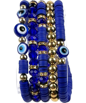 Blue Evil Eye Heishi Faceted Gold Bracelet Stack