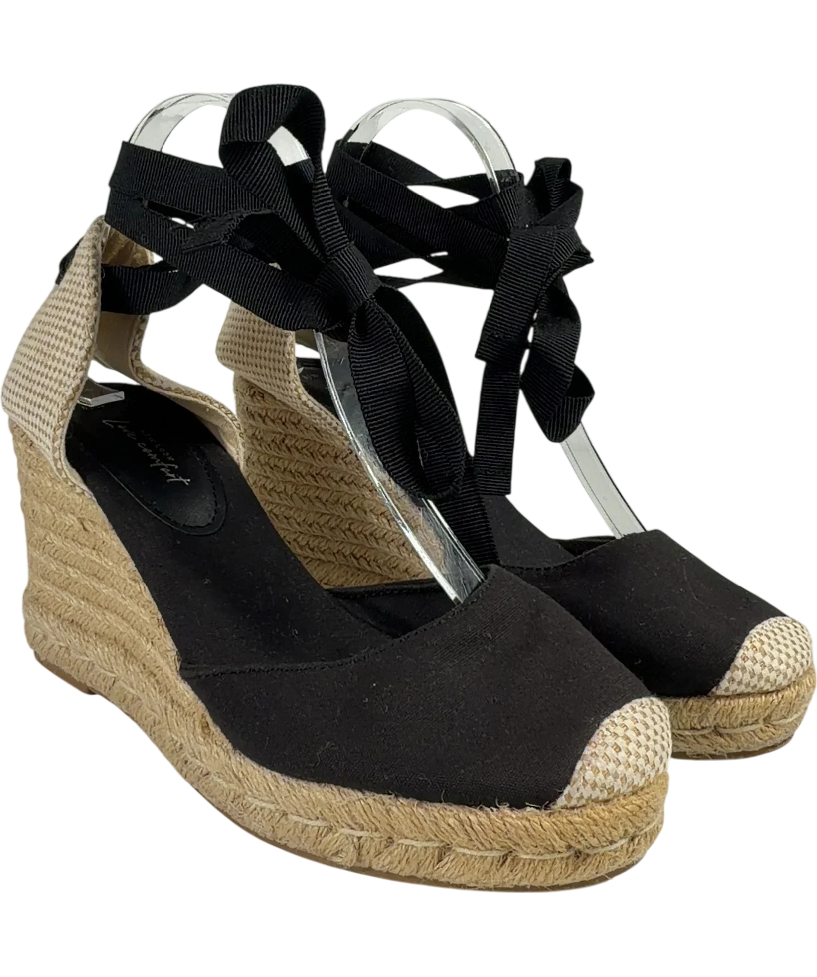 New Look Black Ribbon Tie Espadrille Wedges, size UK 6 EU 39 👠 — front
