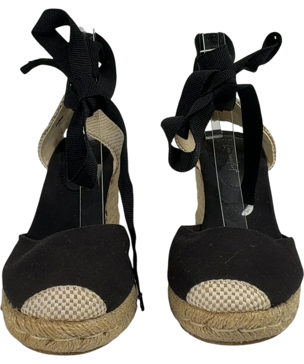 New Look Black Ribbon Tie Espadrille Wedges UK 6 EU 39 — Front (both, face on)