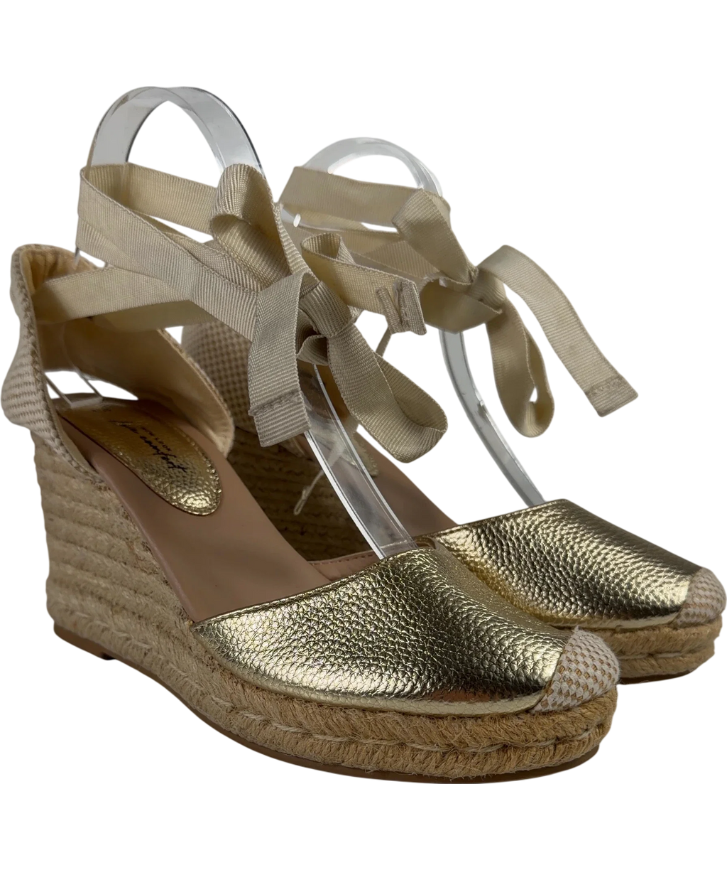 New Look Metallic Gold Ankle Tie Espadrille Wedges, size UK 6 EU 39 👠 — front