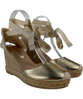 New Look Metallic Gold Ankle Tie Espadrille Wedges, size UK 6 EU 39 👠 — front