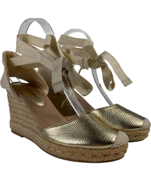 New Look Metallic Gold Ankle Tie Espadrille Wedges UK 6 EU 39