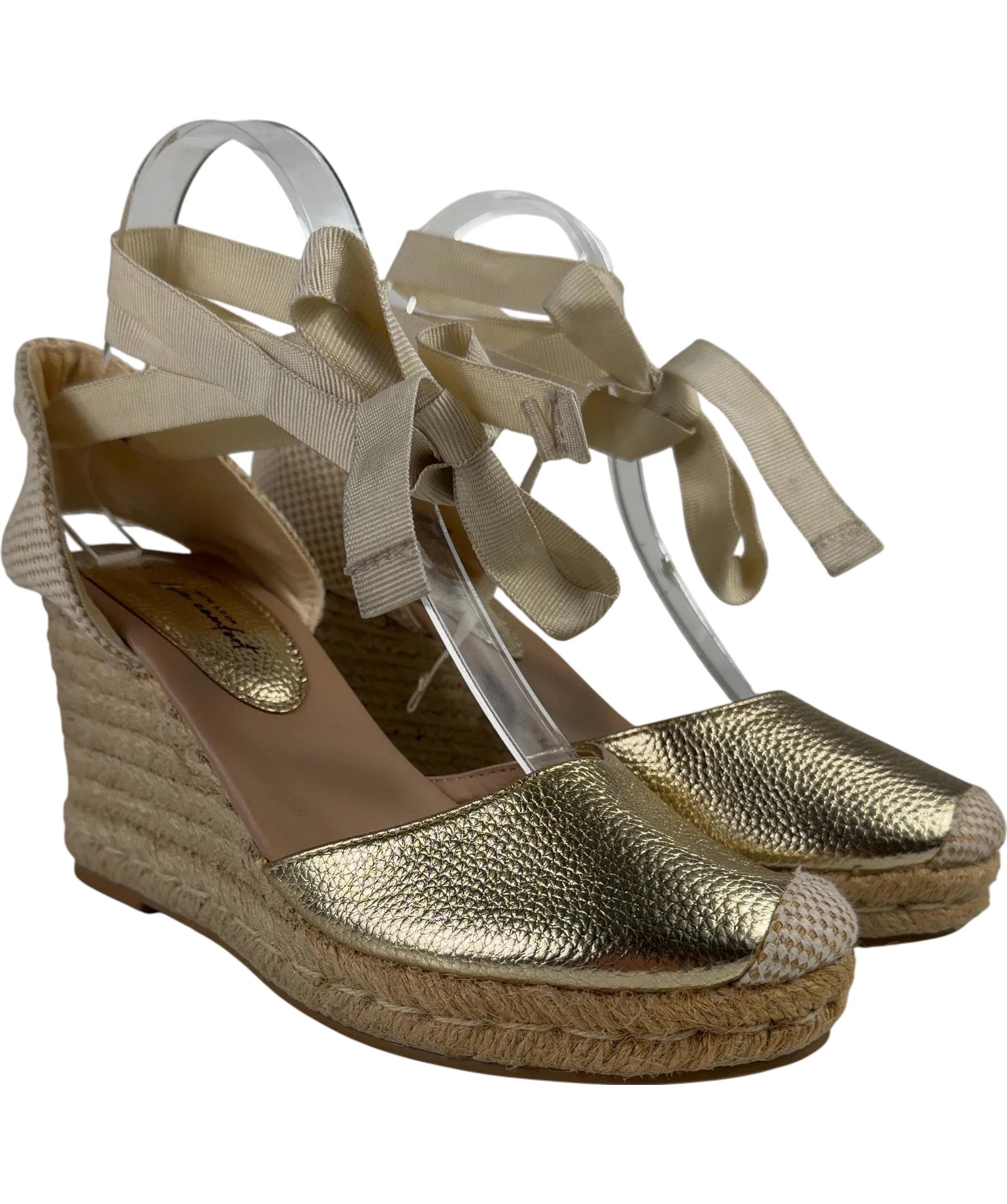 New Look Metallic Gold Ankle Tie Espadrille Wedges, size UK 6 EU 39 👠 — front
