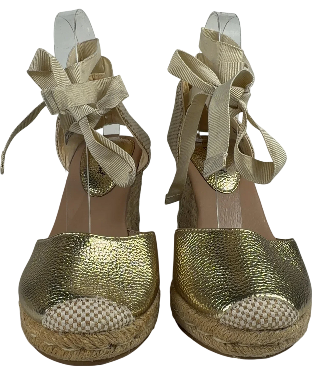 New Look Metallic Gold Ankle Tie Espadrille Wedges, size UK 6 EU 39 👠 — detail