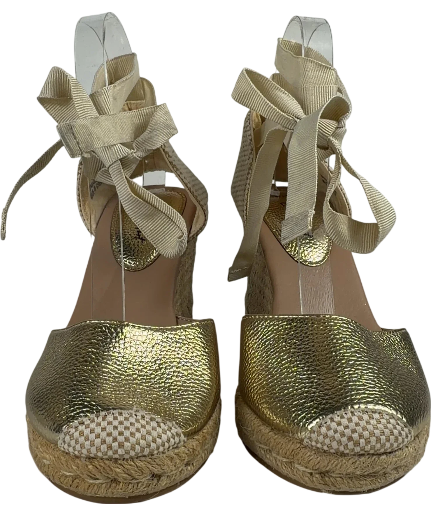 New Look Metallic Gold Ankle Tie Espadrille Wedges, size UK 6 EU 39 👠 — detail
