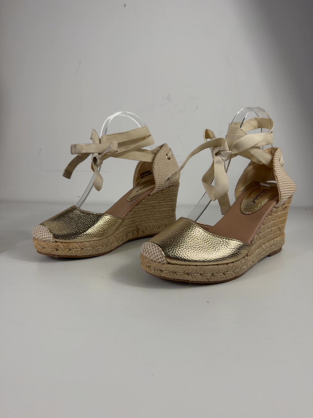 New Look Metallic Gold Ankle Tie Espadrille Wedges, size UK 6 EU 39 👠 — label
