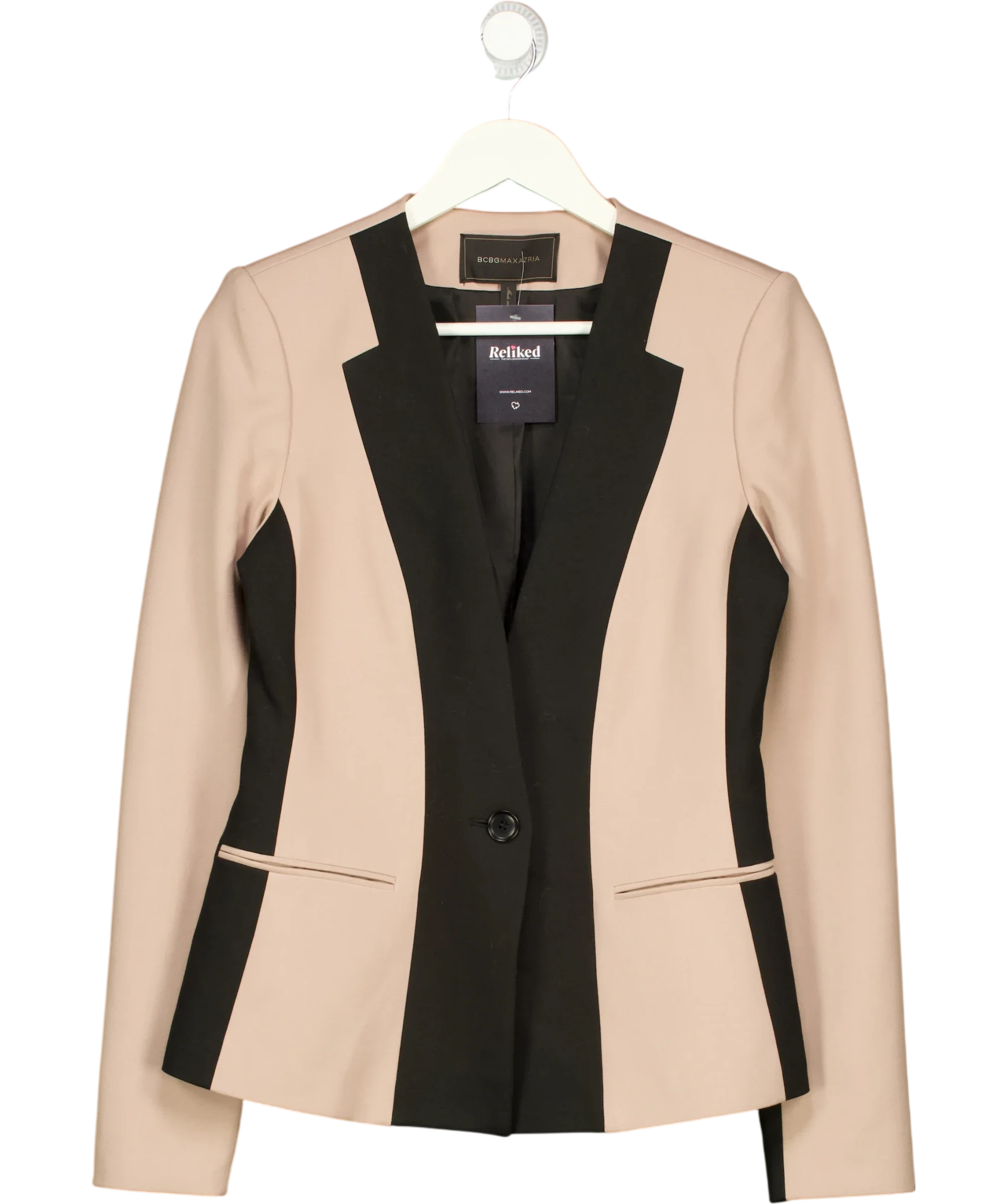 BCBGMAXAZRIA Beige Rowe ONE BUTTON Blazer Beige Soy Chai Black, size UK S — front