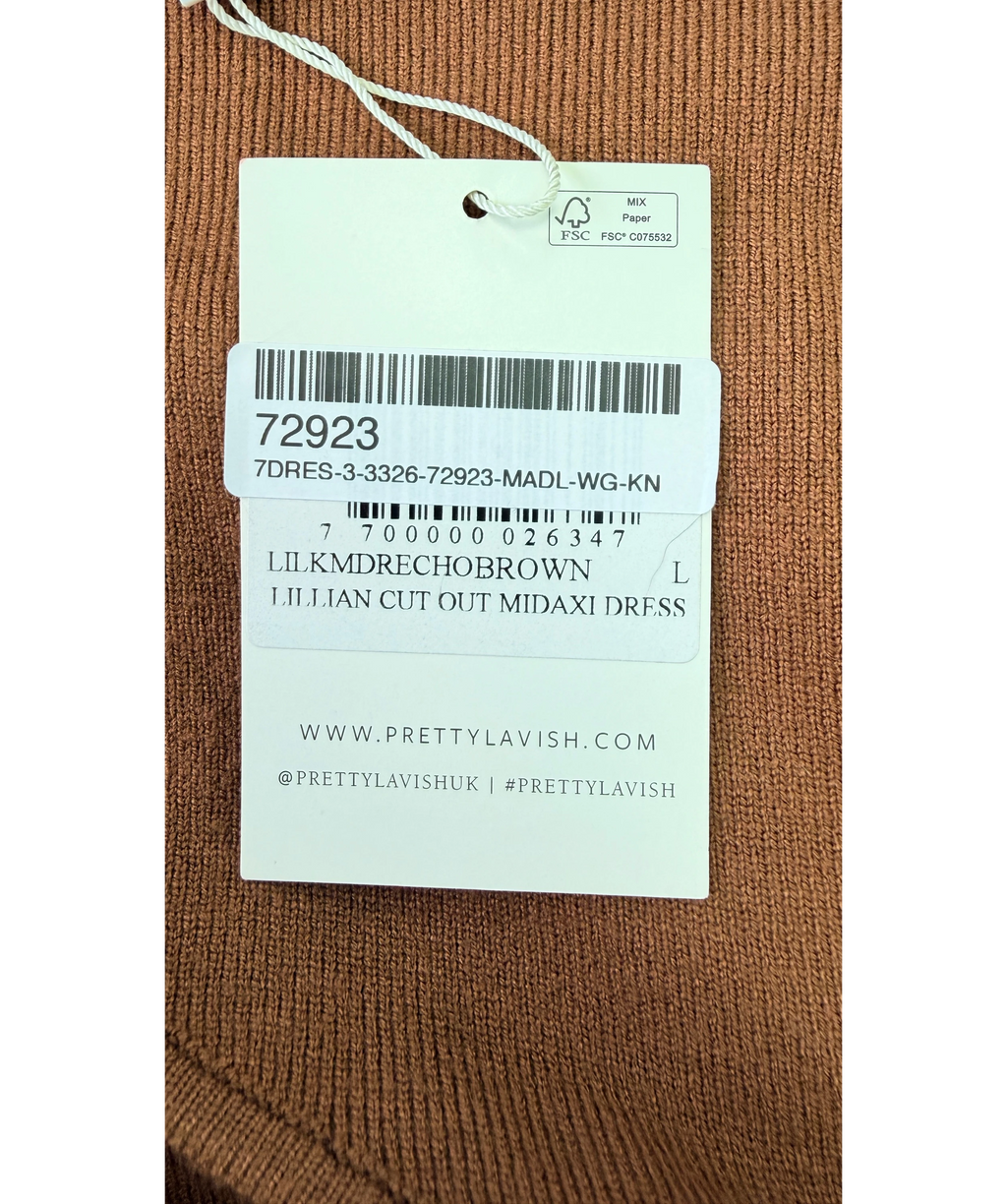PRETTY LAVISH Brown Lillian Cut Out Midaxi Knit Dress Brown UK 14-16, size UK L — label