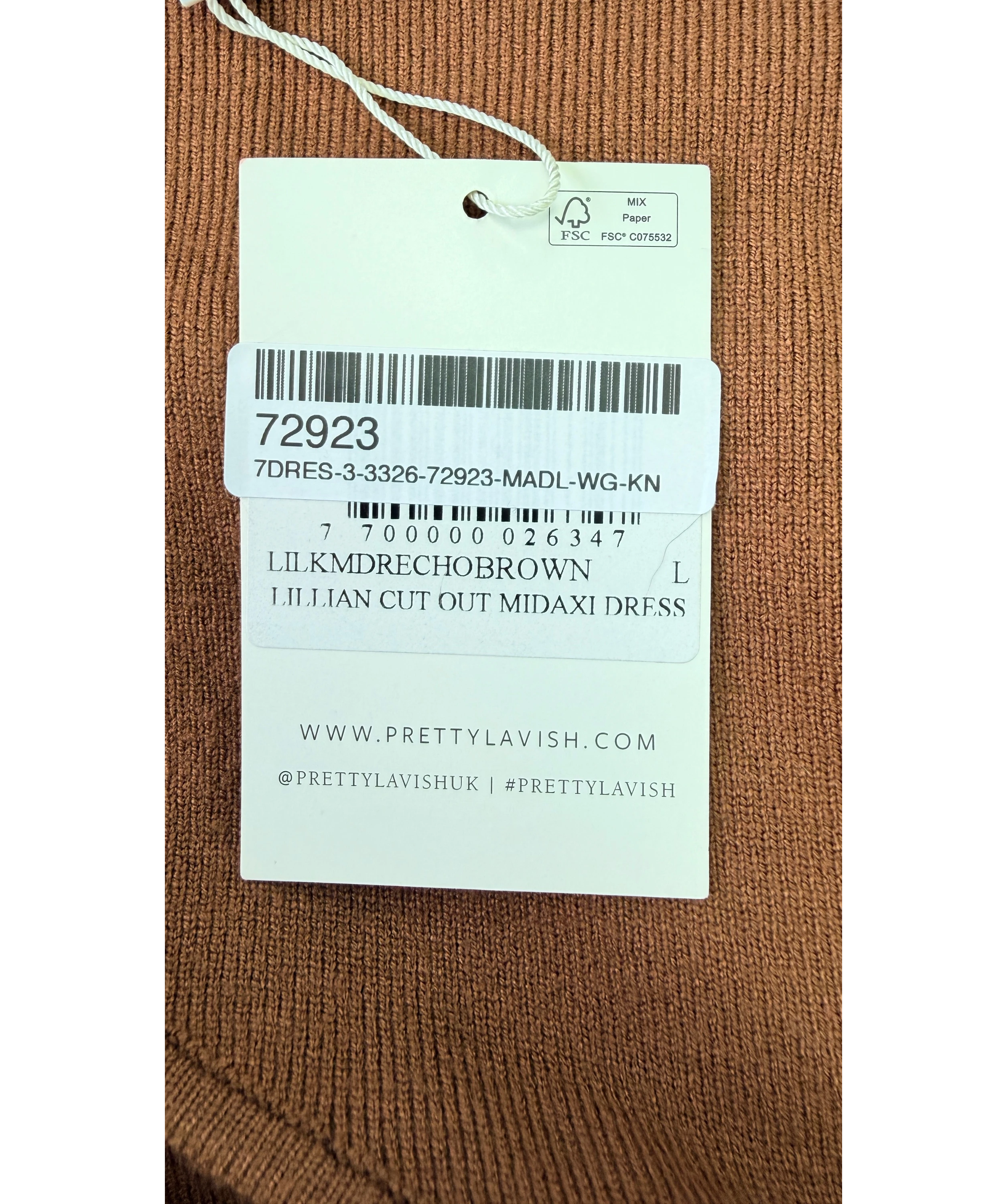 PRETTY LAVISH Brown Lillian Cut Out Midaxi Knit Dress Brown UK 14-16, size UK L — label
