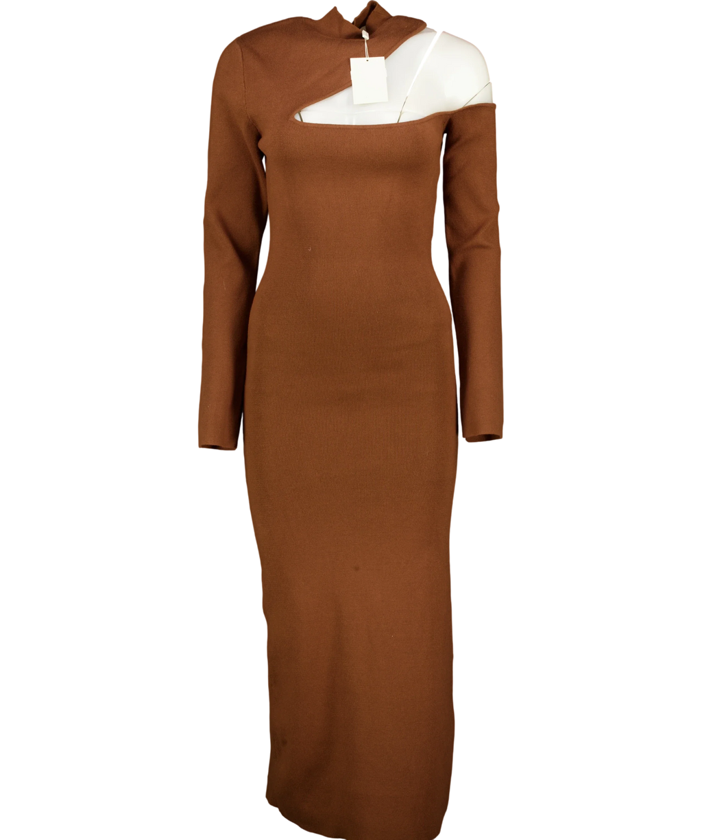 PRETTY LAVISH Brown Lillian Cut Out Midaxi Knit Dress Brown UK 14-16, size UK L — front