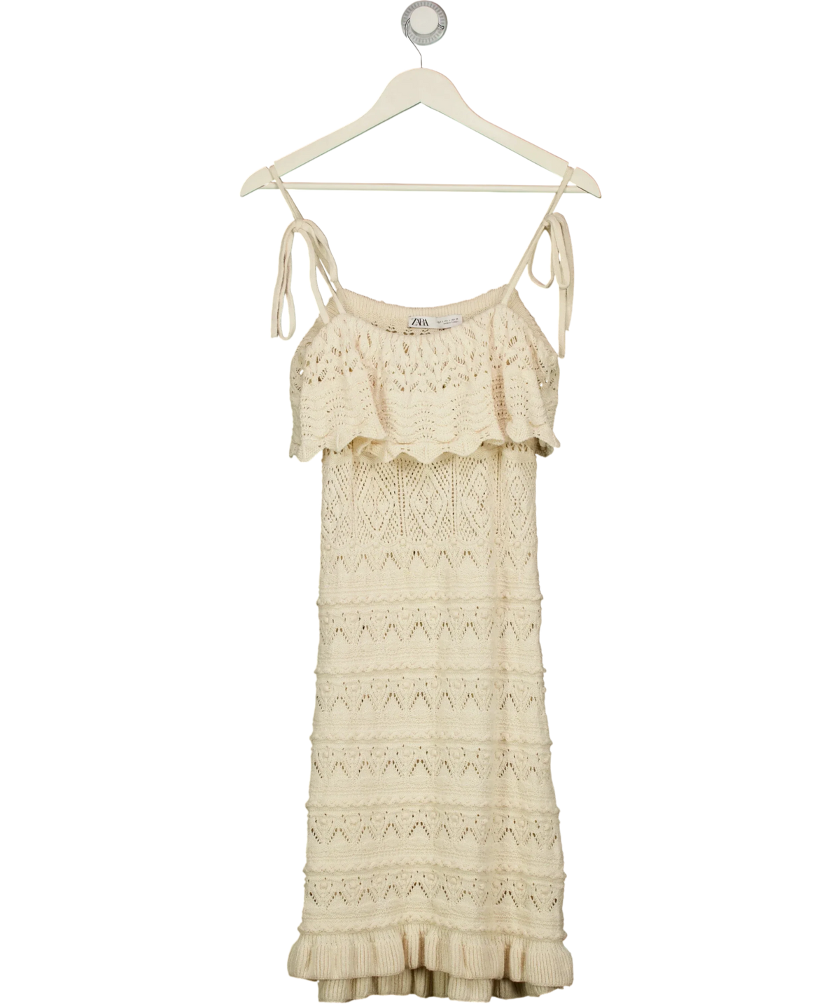 ZARA Cream Cream Pointelle Open Knit Ruffle Dress, size UK L — front