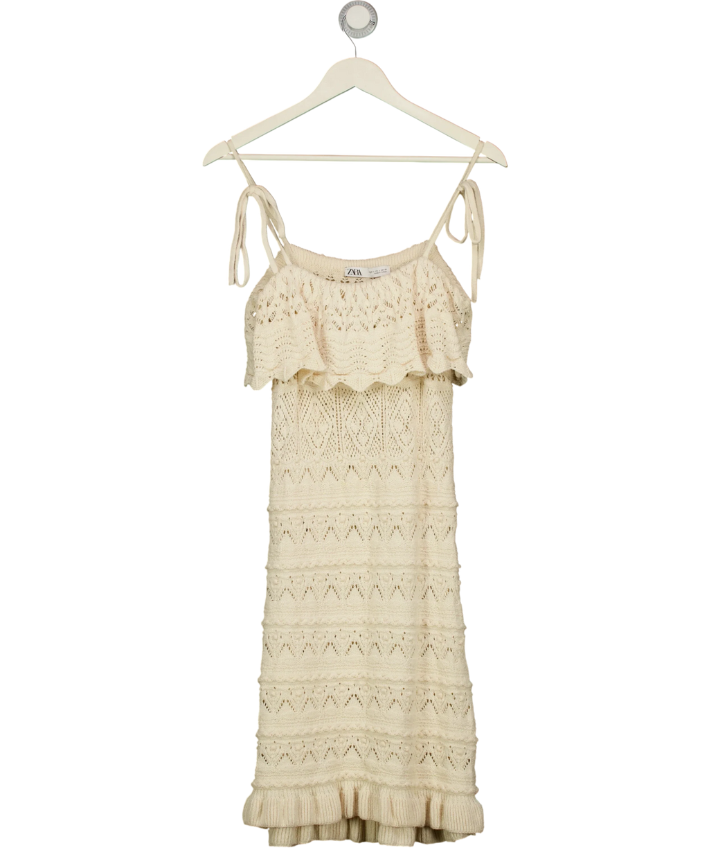 ZARA Cream Cream Pointelle Open Knit Ruffle Dress, size UK L — front