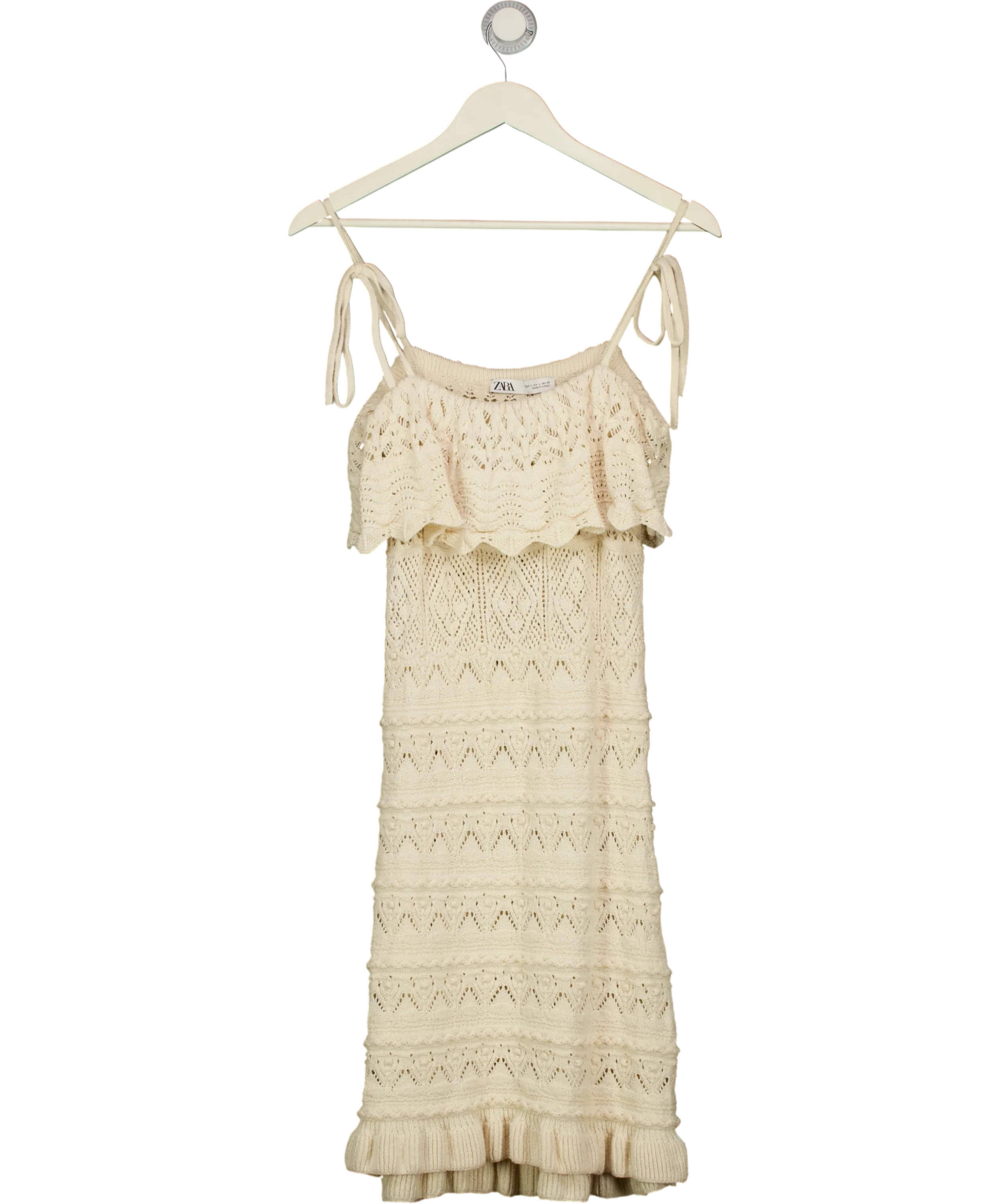 ZARA Cream Cream Pointelle Open Knit Ruffle Dress, size UK L — front