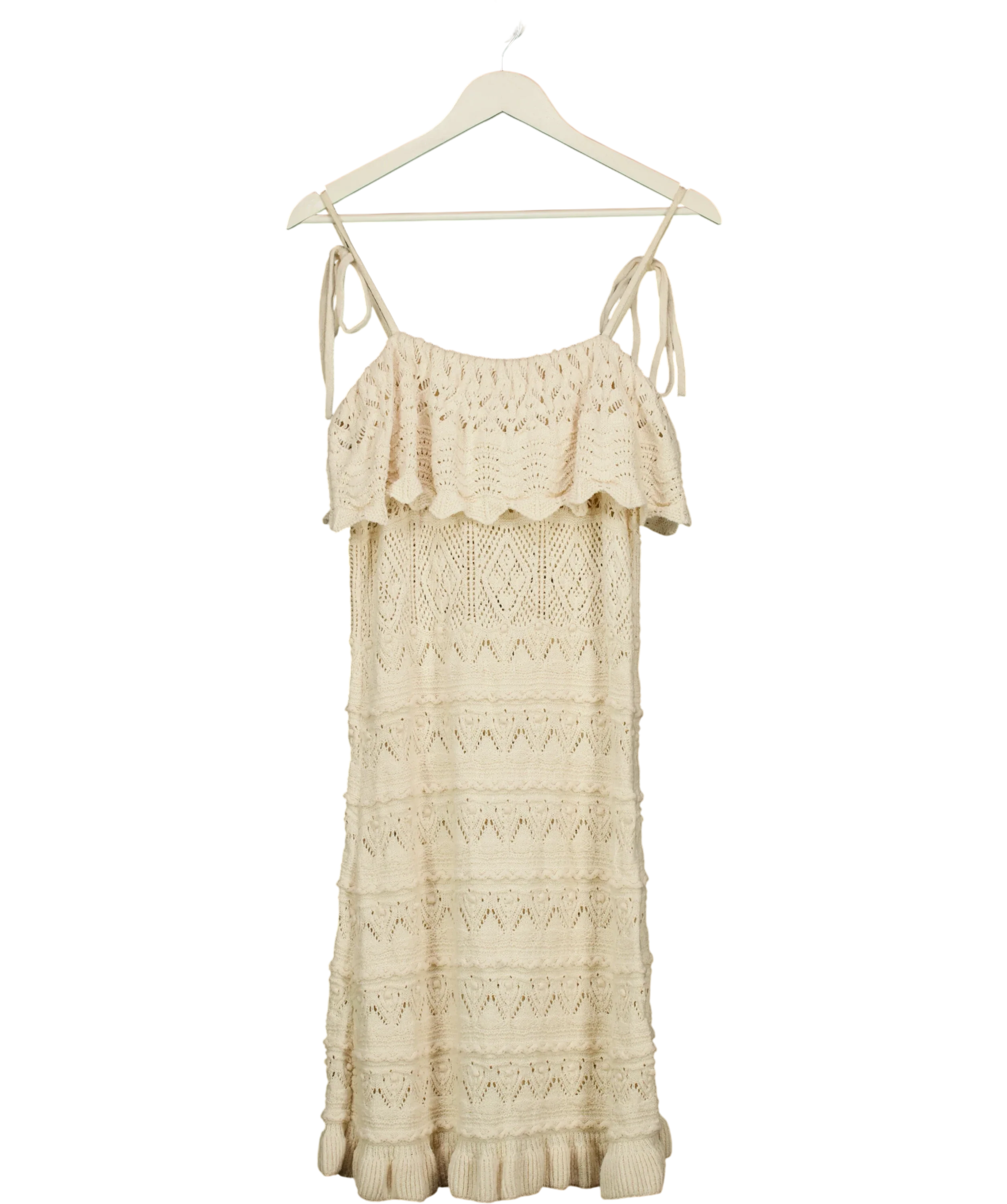 ZARA Cream Cream Pointelle Open Knit Ruffle Dress, size UK L — back
