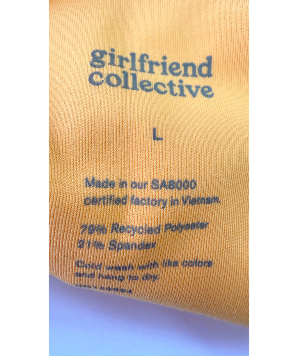 Girlfriend Collective Yellow 2-PIECE ACTIVEWEAR  Bra TOP &  High-Rise Bike Short Set, size UK L — label