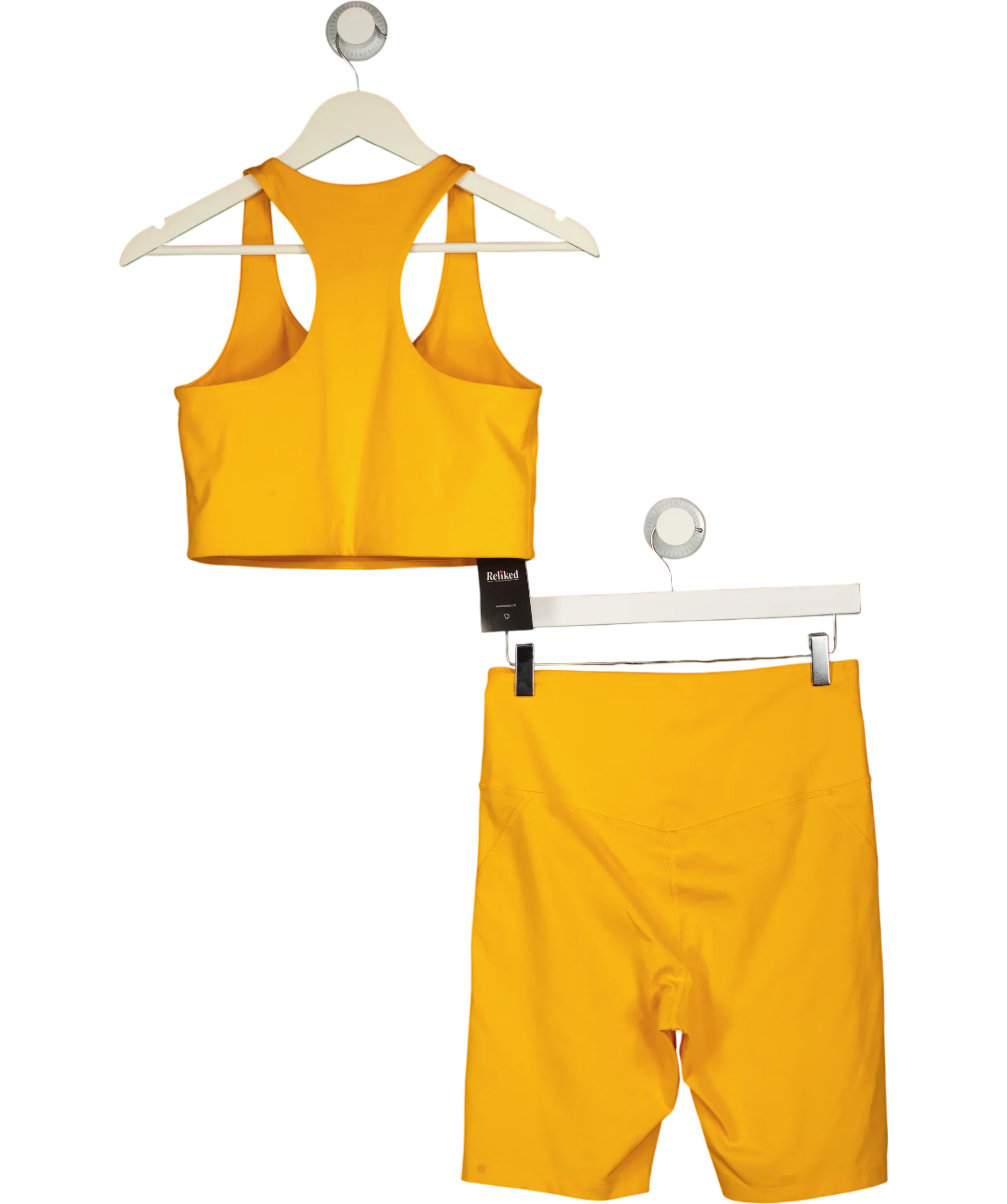 Girlfriend Collective Yellow 2-PIECE ACTIVEWEAR  Bra TOP &  High-Rise Bike Short Set, size UK L — back