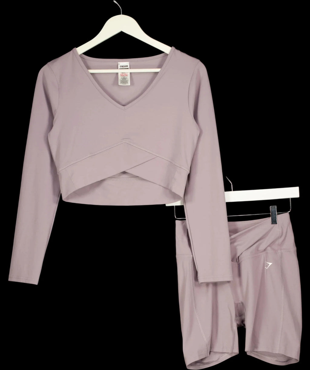 GYMSHARK Purple Crossover Long Sleeve Crop Top and Shorts Set Slate Lavender, size UK S/M — detail
