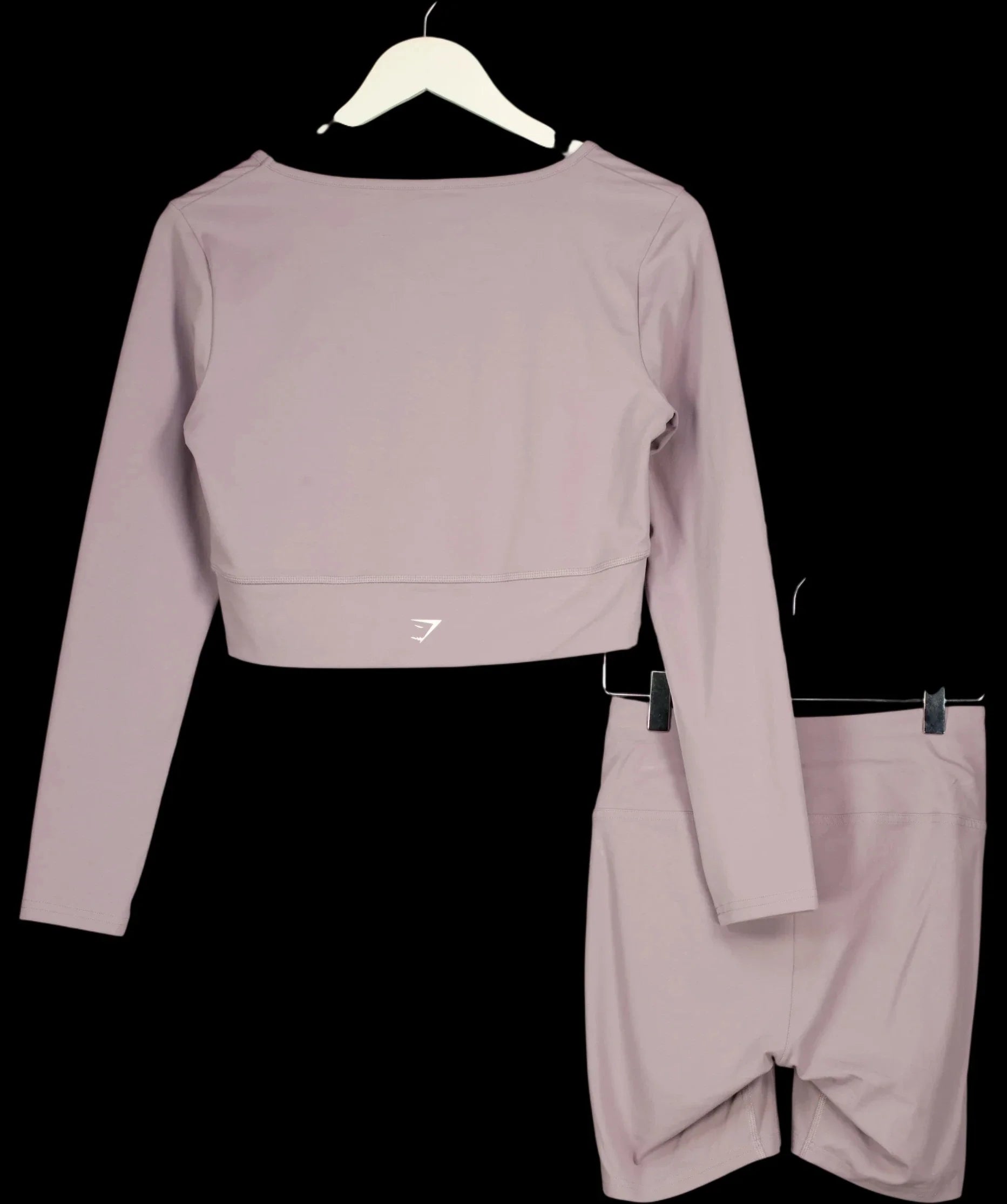 GYMSHARK Purple Crossover Long Sleeve Crop Top and Shorts Set Slate Lavender, size UK S/M — label