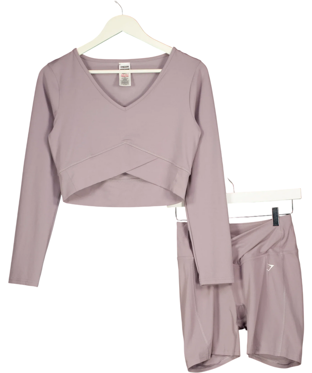 GYMSHARK Purple Crossover Long Sleeve Crop Top and Shorts Set Slate Lavender, size UK S/M — front