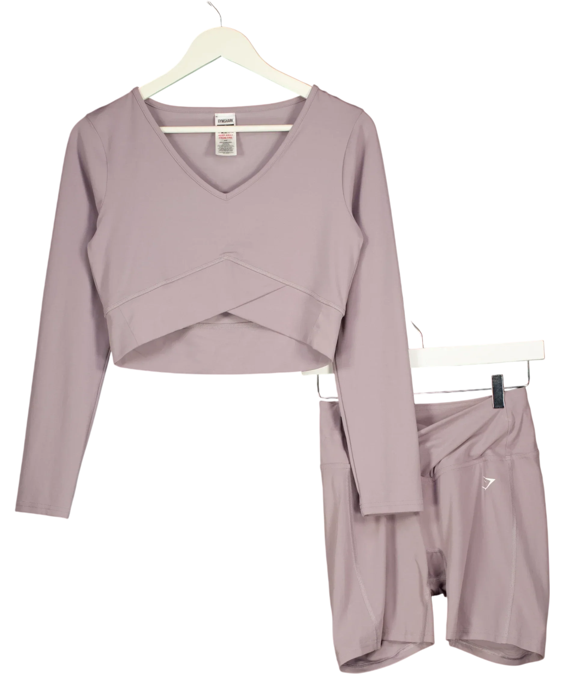 GYMSHARK Purple Crossover Long Sleeve Crop Top and Shorts Set Slate Lavender, size UK S/M — front