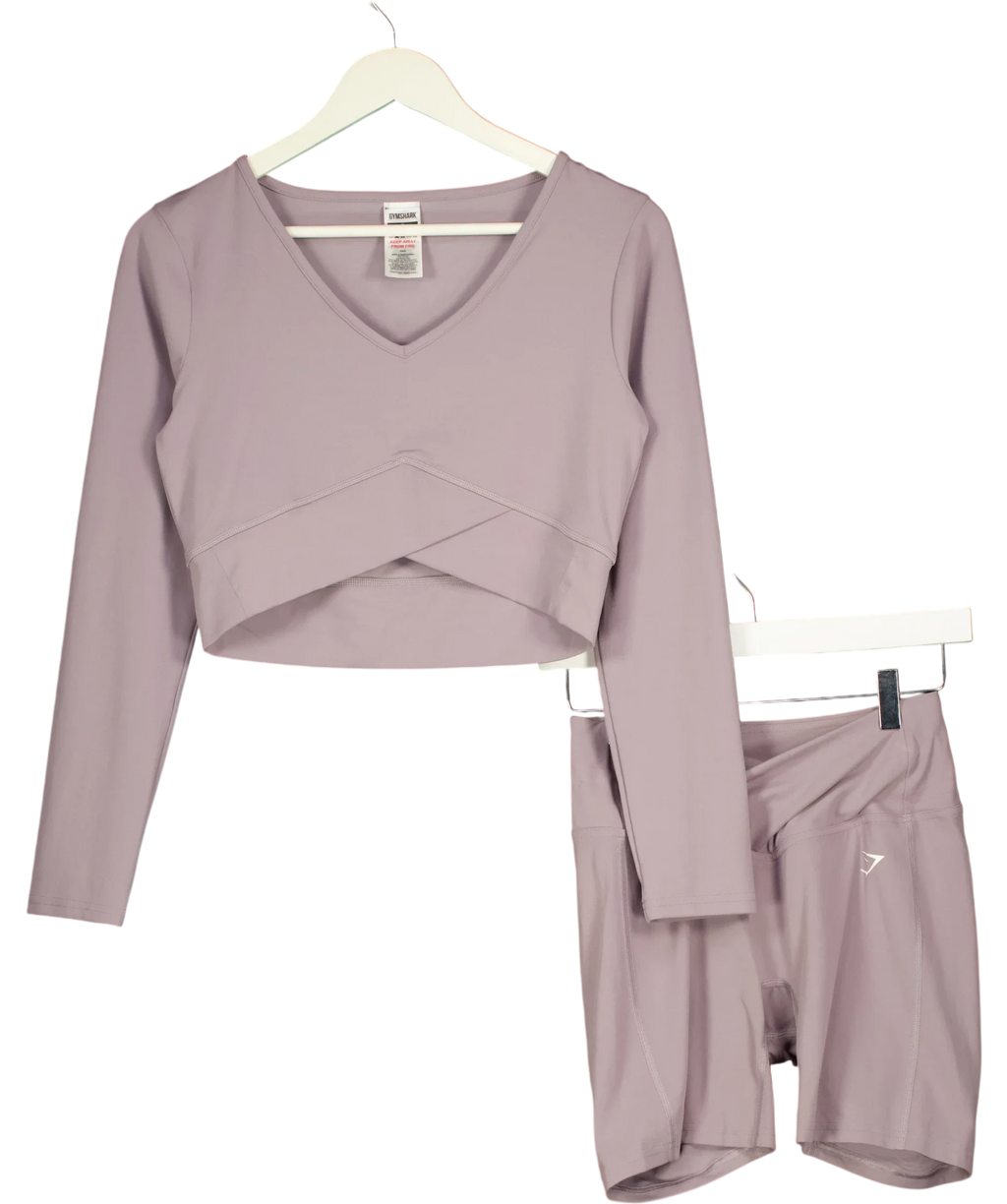 GYMSHARK Purple Crossover Long Sleeve Crop Top and Shorts Set Slate Lavender, size UK S/M — front
