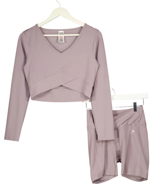 GYMSHARK Purple Crossover Long Sleeve Crop Top And Shorts Set Slate Lavender UK S/M