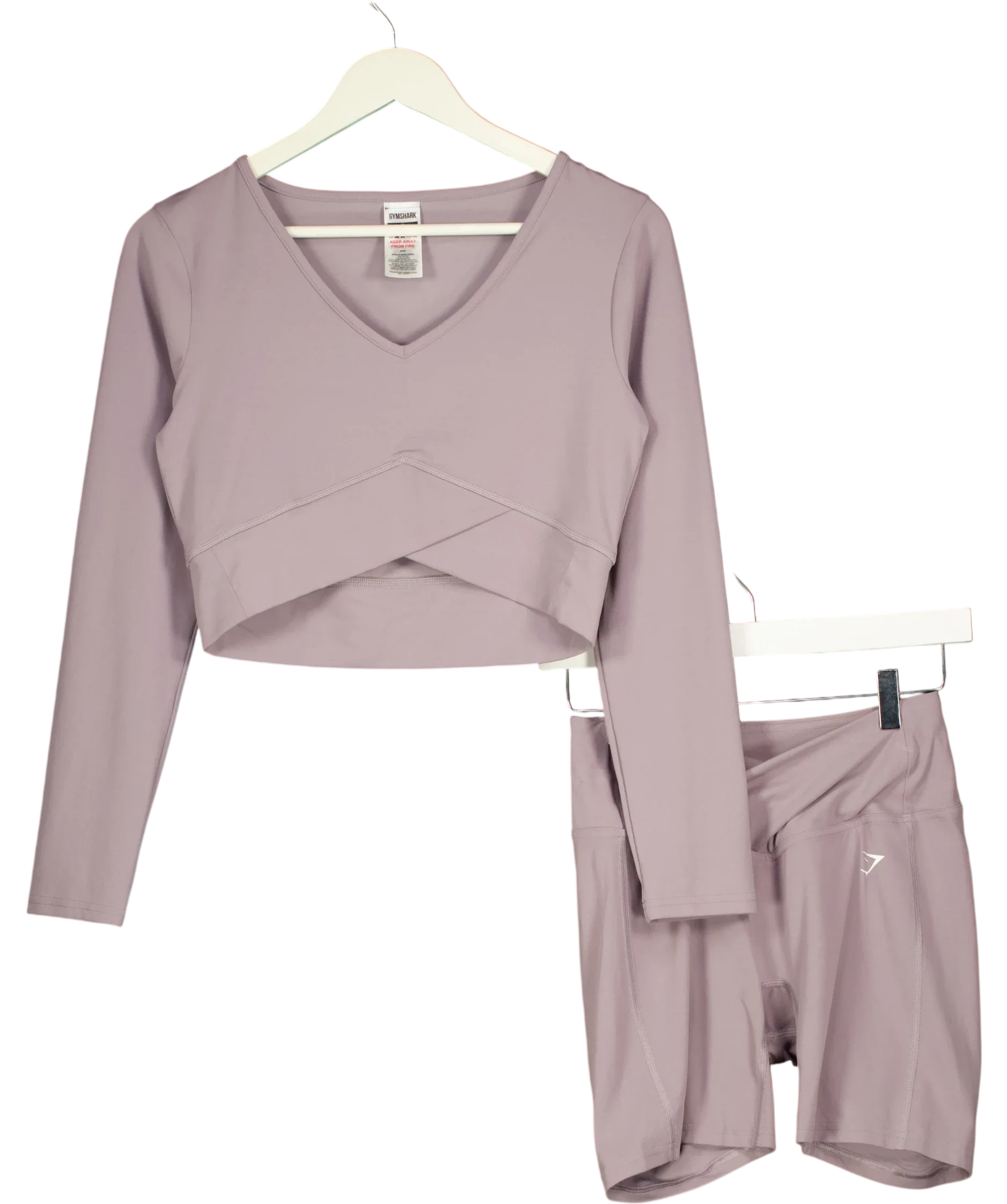 GYMSHARK Purple Crossover Long Sleeve Crop Top and Shorts Set Slate Lavender, size UK S/M — front