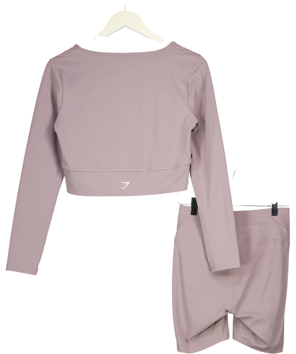 GYMSHARK Purple Crossover Long Sleeve Crop Top and Shorts Set Slate Lavender, size UK S/M — back