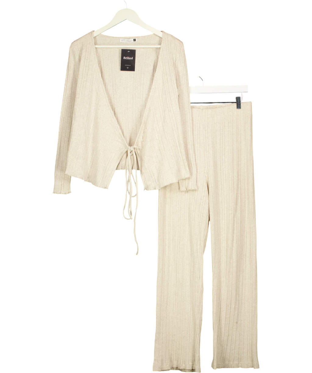 V by Very Beige Ribbed Tie Front Cardigan Wide Leg Loungewear Set Oat, size UK 14 — front