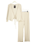 V by Very Beige Ribbed Tie Front Cardigan Wide Leg Loungewear Set Oat, size UK 14 — front