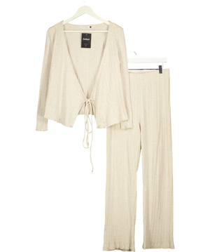 V by Very Beige Ribbed Tie Front Cardigan Wide Leg Loungewear Set Oat UK 14