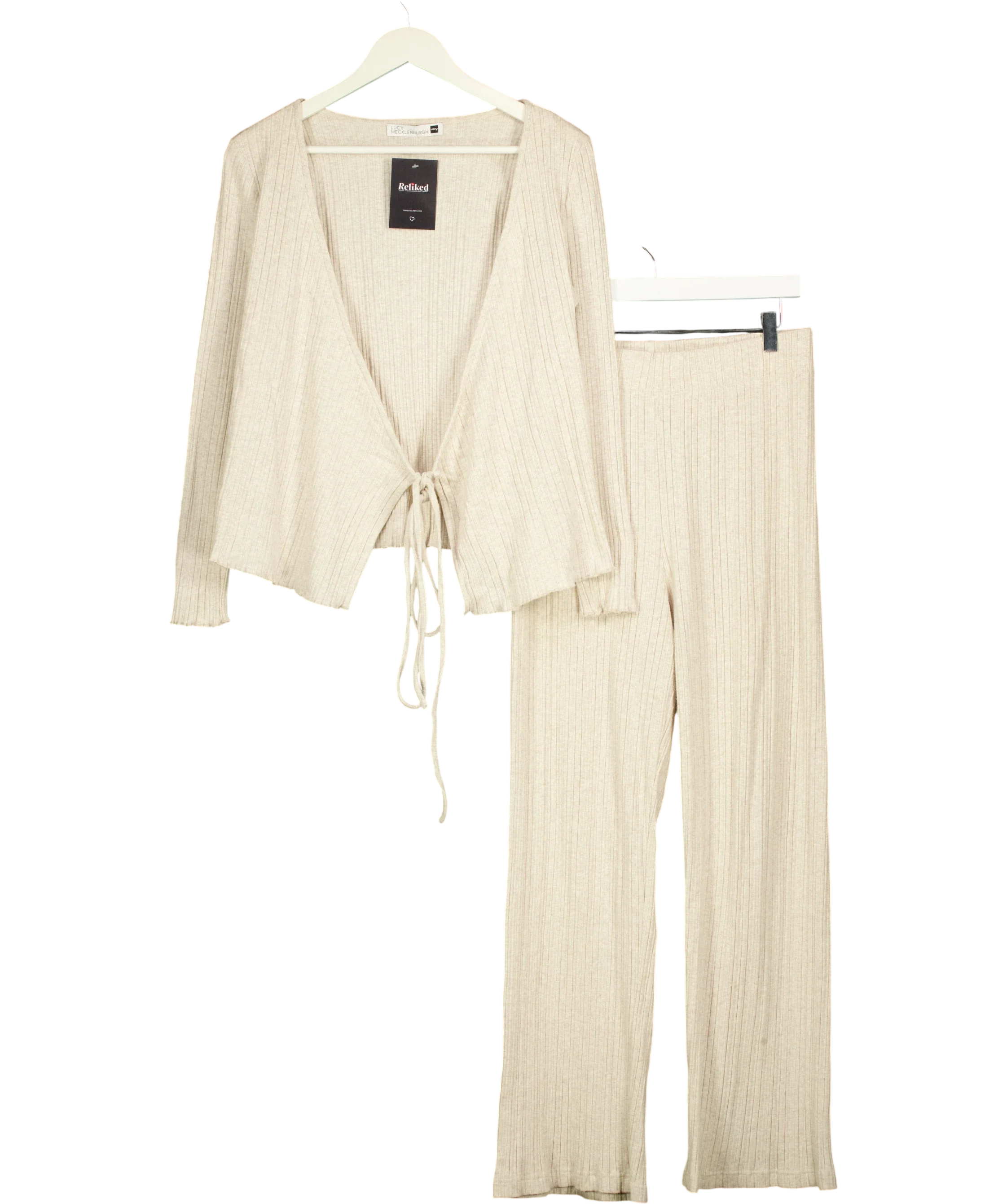 V by Very Beige Ribbed Tie Front Cardigan Wide Leg Loungewear Set Oat, size UK 14 — front