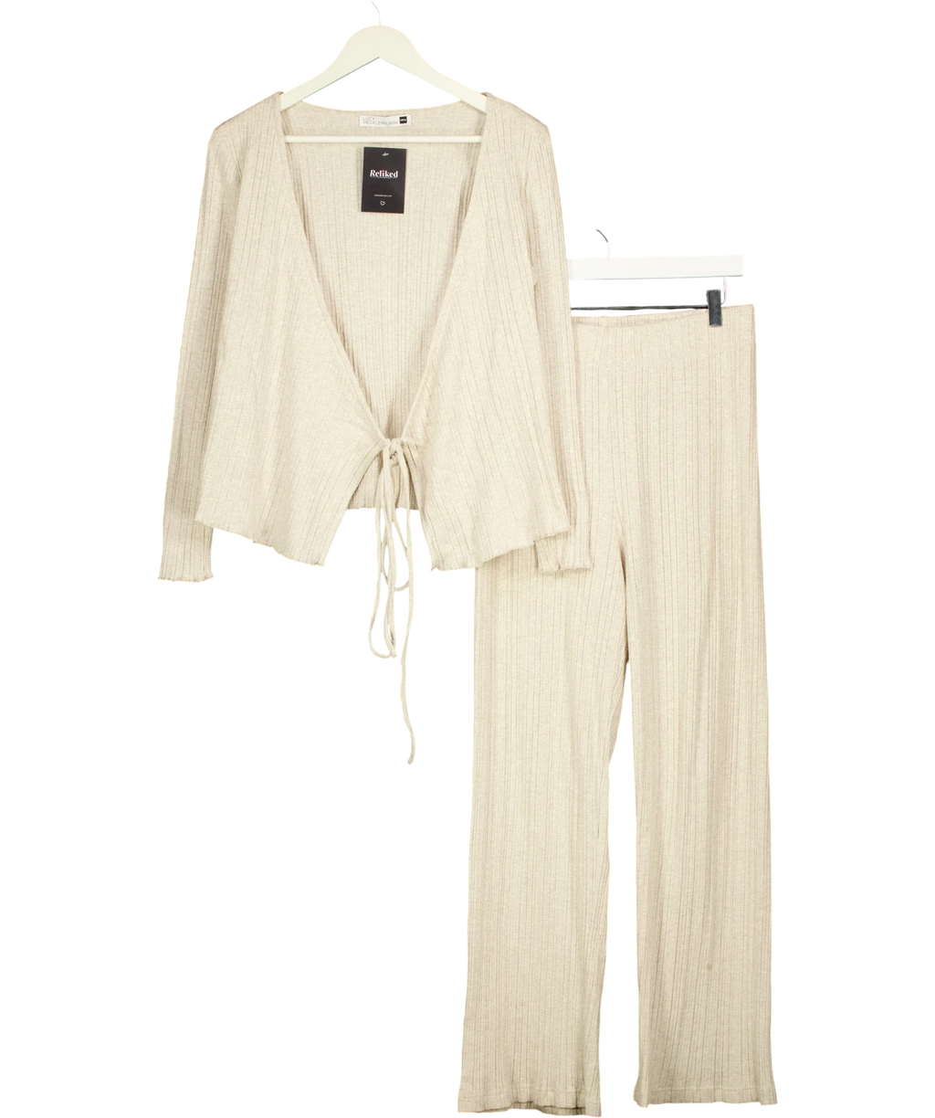 V by Very Beige Ribbed Tie Front Cardigan Wide Leg Loungewear Set Oat, size UK 14 — front
