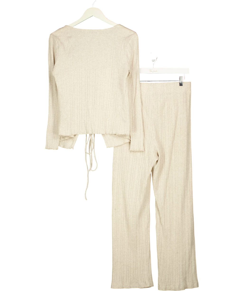 V by Very Beige Ribbed Tie Front Cardigan Wide Leg Loungewear Set Oat, size UK 14 — back