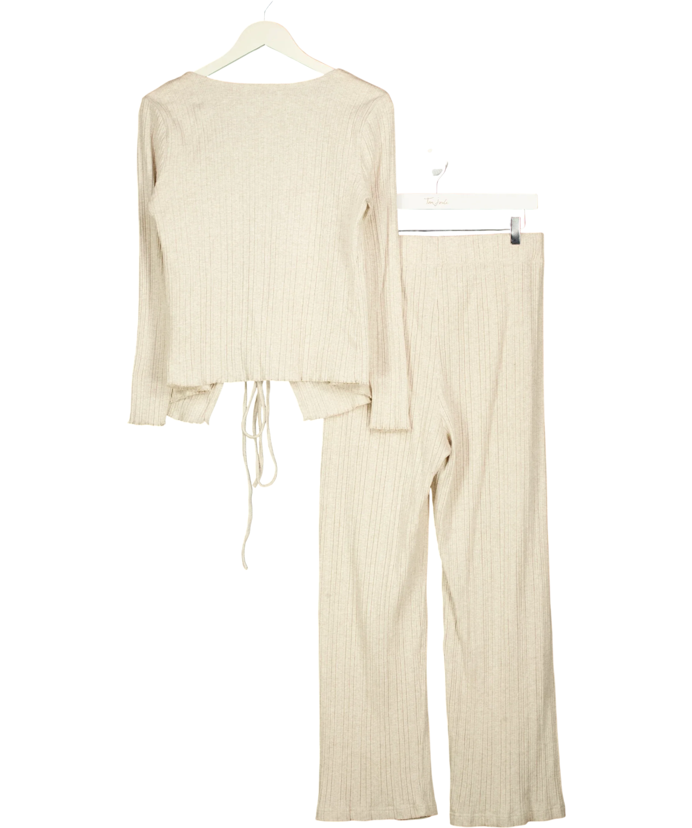 V by Very Beige Ribbed Tie Front Cardigan Wide Leg Loungewear Set Oat, size UK 14 — back