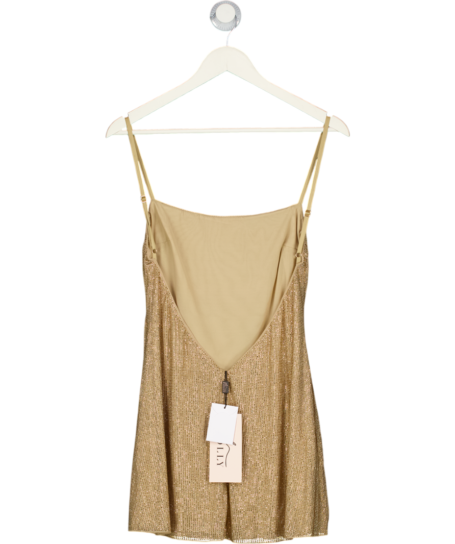 OH POLLY Metallic Philomena Embellished Soft-scoop Backless Fitted Mini Dress In Gold UK 8