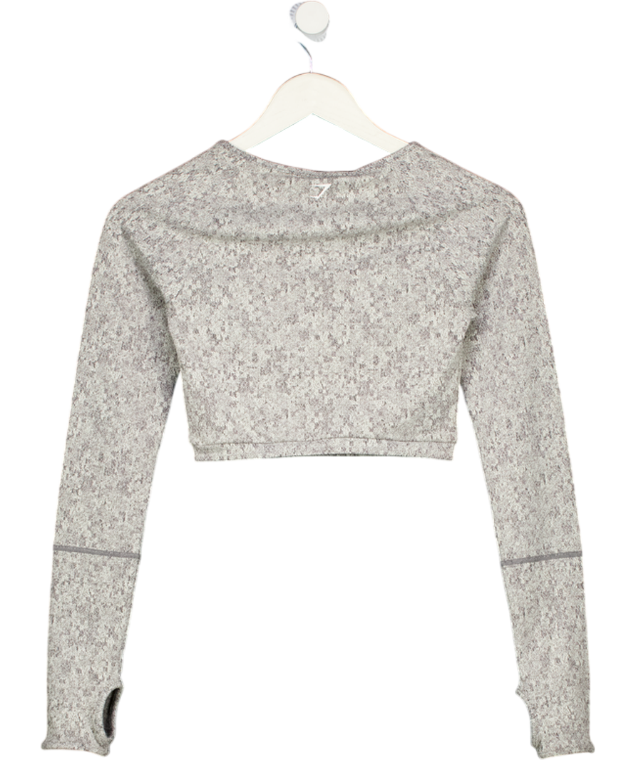 GYMSHARK Grey Fleur Textured Long Sleeve Crop Top UK XS