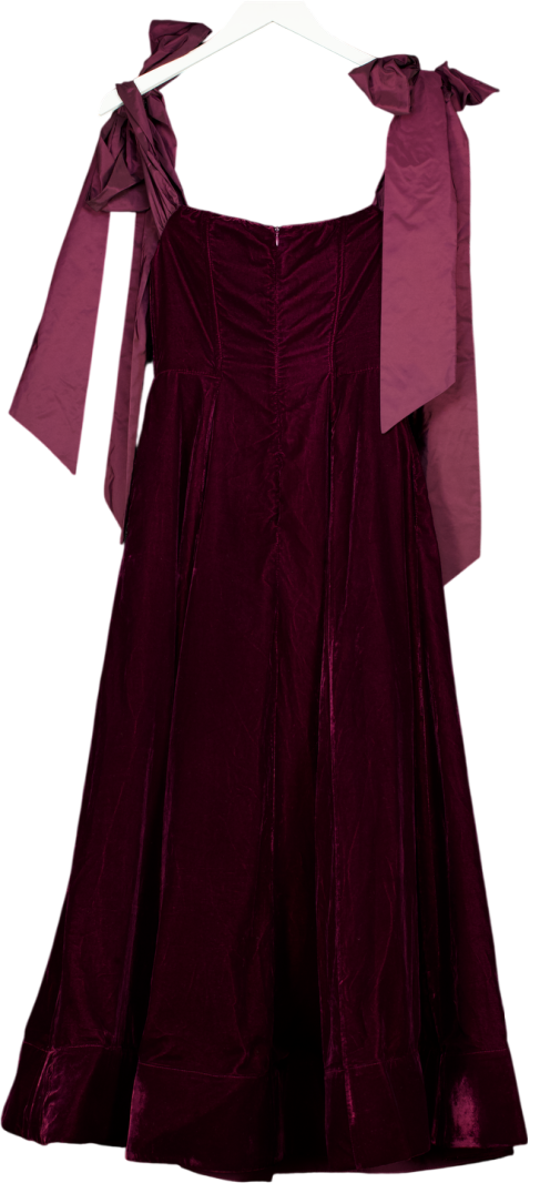 Karen Millen X Lydia Millen Burgundy Red Velvet Bardot Woven Prom Midaxi Dress With Taffeta Bow UK 6