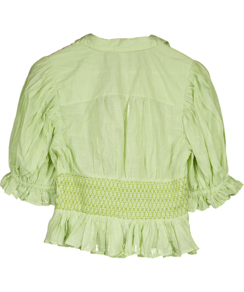 ANTHROPOLOGIE Mint Green Short-sleeve Embroidered Smocked Blouse UK M