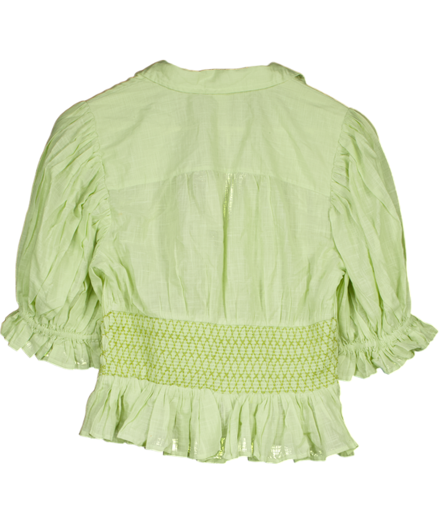 ANTHROPOLOGIE Mint Green Short-sleeve Embroidered Smocked Blouse UK M