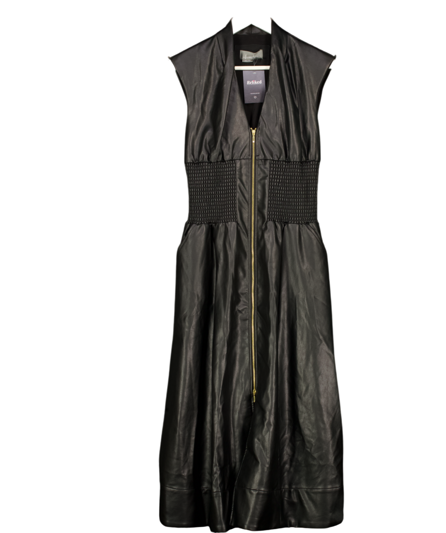 Anthropologie Black The Tommie Faux Leather Front Zip  Shirt Midi Dress UK S