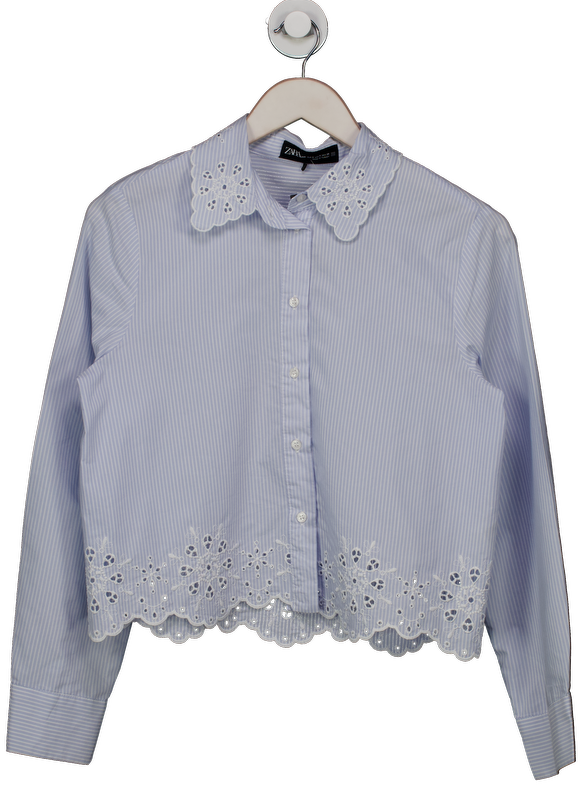 ZARA Blue Broderie Striped Cropped Shirt UK S